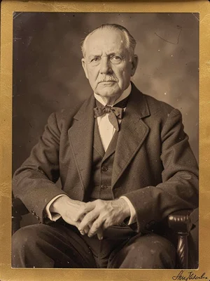 Elderly man in formal coat and cravat, seated, hands folded on lap — conventiona