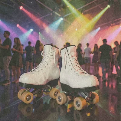 Grainy digital illustration, roller skates at disco , film grain texture overlay