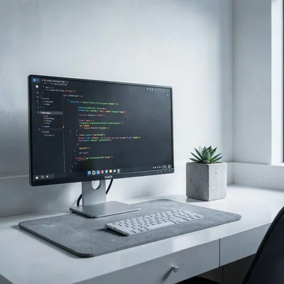 Stark Baltic minimalism, contemplative mood, Clean desk setup with external moni