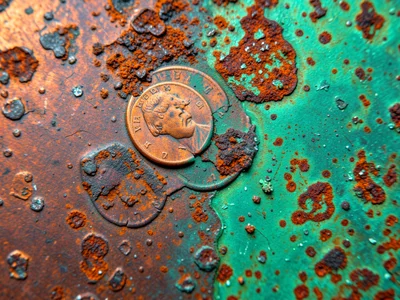 Weathered copper in transition zone, half bright penny-copper half turning green