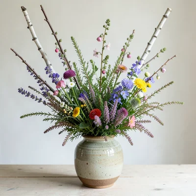 Ikebana arrangement using Nordic wildflowers — heather, birch branches — in cera