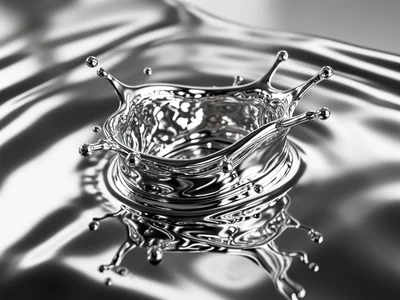 Rippled liquid chrome surface, gentle waves distorting reflections into streaked