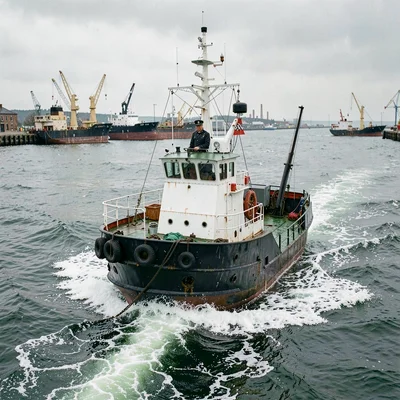 Port city documentary photograph, A pilot boat cutting through harbor chop, whit