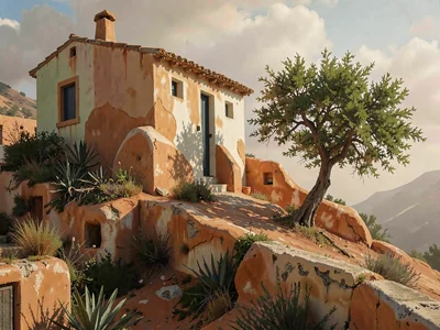 Painterly hut on a windy ridge, walls eroded into soft warm masses, a single fig