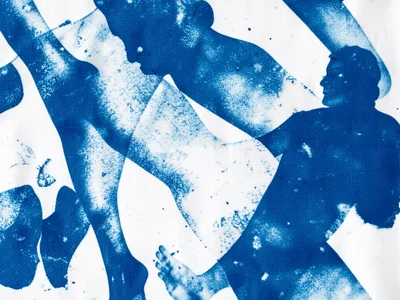 An abstract composition of multiple body part prints overlapping on large cyanot