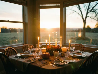 Candles lit on thanksgiving table, twilight through window, intimate warmth