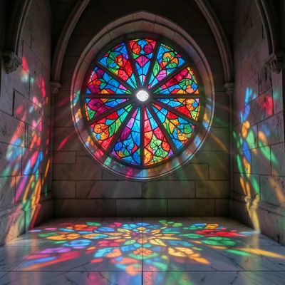A circular oculus window with radiating colored segments, light projecting a man