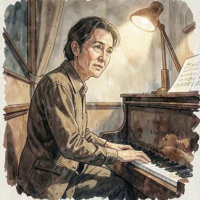 Portrait three-quarter of the tuner seated at an upright piano, listening, head 
