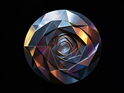Fibonacci spiral rendered in brushed steel, dramatic side lighting