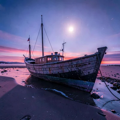 Polar liminal light, extended blue hours, A traditional wooden boat beached at l