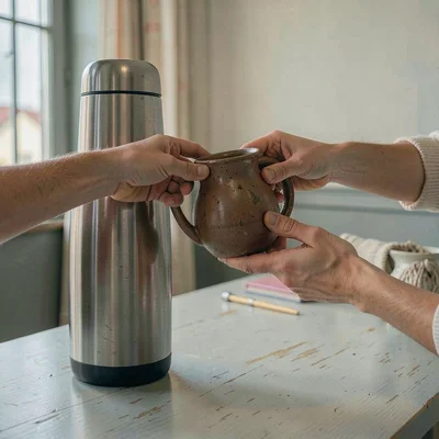 Quietly elegant photograph with Uruguayan sensibility, Hands holding a mate gour
