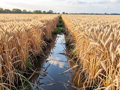 Wheat reflected in puddle after summer rain
