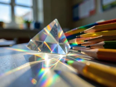 Prismatic light through classroom window hitting row of pencils, rainbow shadows
