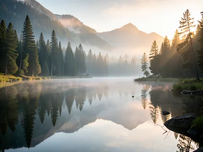 Misty morning over a still mountain lake, pine trees reflected perfectly in the 