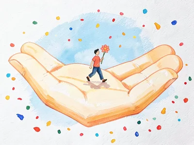 Walking across an enormous flat-painted open hand stretched cream-warm in welcom