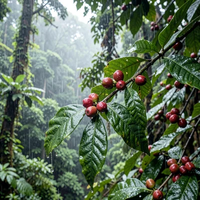 Monteverde cloud forest, filtered canopy light, Coffee cherries still on the bra