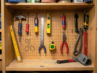 A basement workshop tool pegboard viewed straight-on, tools hanging from hooks i