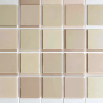 Modular grid of overlapping translucent recipe rectangles in oat tones