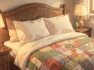 Cozy bed with patchwork quilt