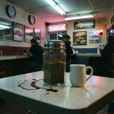 Sugar dispenser and creamer on stained formica