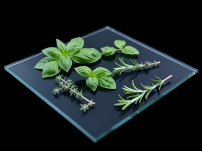 Fresh herbs scattered loosely — basil, thyme, rosemary — some leaves curling upw