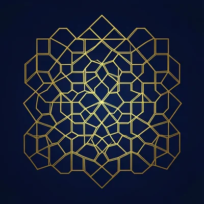 Voronoi diagram pattern with gold edges on a deep navy background