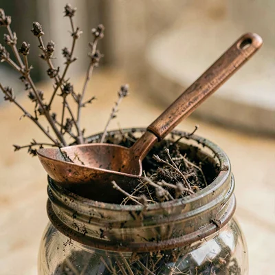 Macro of a copper-handled ladle resting on a jar rim with shrub residue