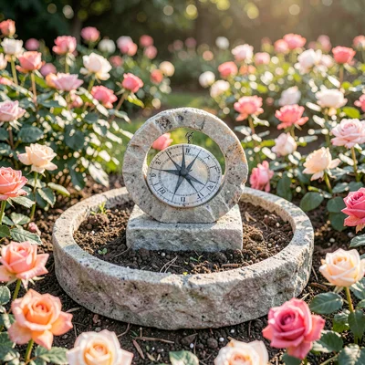 Sculptural mineralcut hero of a stone sundial centered in a circular rose bed, h