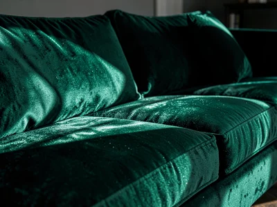 Crushed velvet couch in jewel emerald, light playing across pile direction