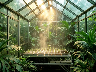 A propagation bench: tiny seedlings in cell trays, mist system running, humidity