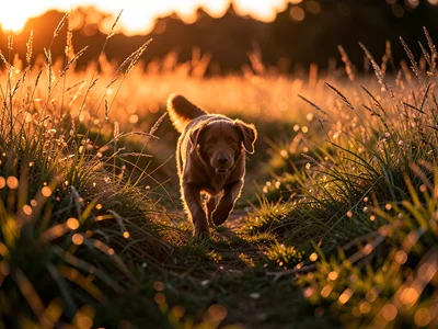 Dog running through tall grass, backlit