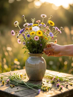 Hands arranging wildflowers into a ceramic vase, stems scattered on table