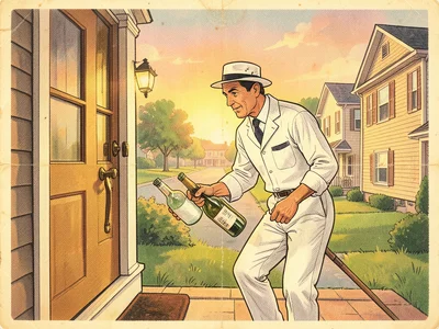 A milkman delivering bottles to a doorstep at dawn, his white uniform crisp, a s