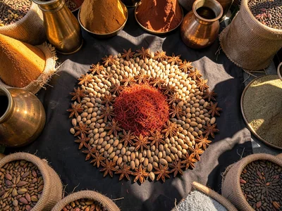 Whole Spices in Concentric Circles on Linen