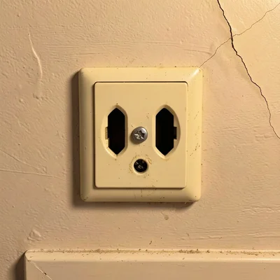 > A worn ivory American Type-B three-prong electrical outlet on a beige plaster wall, photographed at slight low angle f