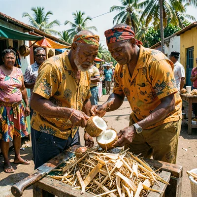Vivid photograph with Trinidadian cultural fusion aesthetic, Coconut vendor spli