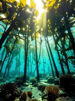 Light filtering through kelp forest canopy viewed from below, the kelp fronds cr