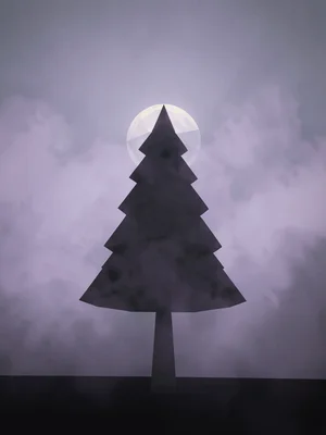 Lone triangular pine tree silhouetted against a pale violet fog wall with a fain