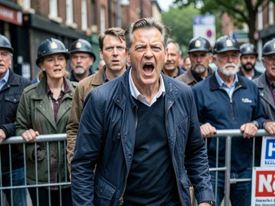 Labour strike picket line — one worker steps slightly forward, mouth open mid-ch