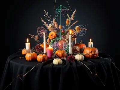 Halloween table centerpiece with mini pumpkins, candles, dried flowers, black cl