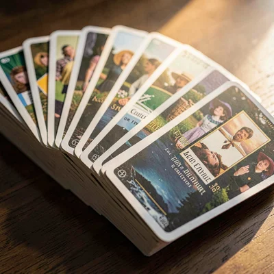Stack of folded paper rectangles fanned like a roster of comp cards, raking side