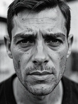 Close-up of a face — deep orbital shadows from hunger, meeting the camera withou