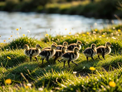 A row of fuzzy goslings following their mother across a grassy riverbank dotted 
