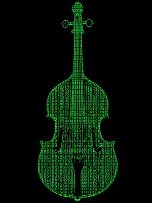 A double bass instrument in monochrome ASCII, its curved body formed by arcing l