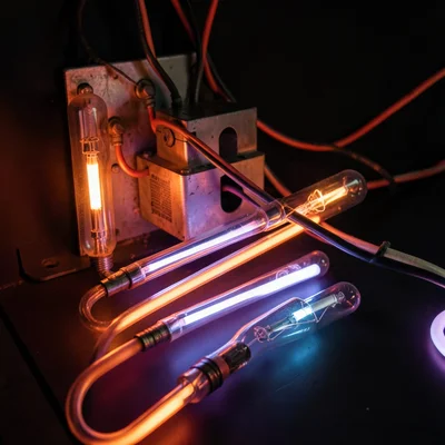 A transformer and wiring behind a neon sign, the functional guts of the installa