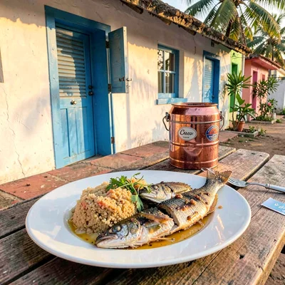 Chattel house colors in Barbados afternoon light, Cou cou and flying fish platin