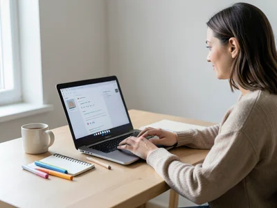 Person taking an online course on laptop with notebook and highlighters, home de