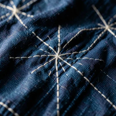 Close-up of Japanese sashiko stitching on indigo-dyed cotton, the white running 