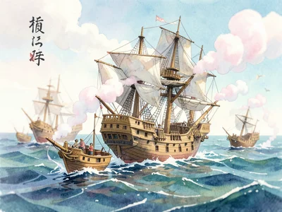 Pirate ship battle at sea, tilt-shift, toy-like vessels, cotton candy smoke