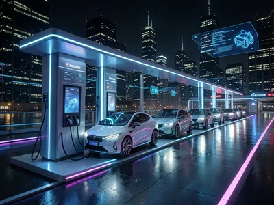Row of electric vehicles charging at a sleek modern charging station, city backd